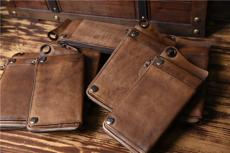 Dark Brown Leather Biker Wallet Leather Chain Wallet Men Long Biker Chain Wallet