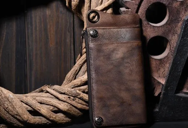 Dark Brown Leather Biker Wallet Leather Chain Wallet Men Long Biker Chain Wallet
