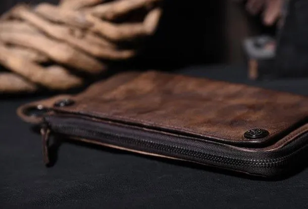 Dark Brown Leather Biker Wallet Leather Chain Wallet Men Long Biker Chain Wallet