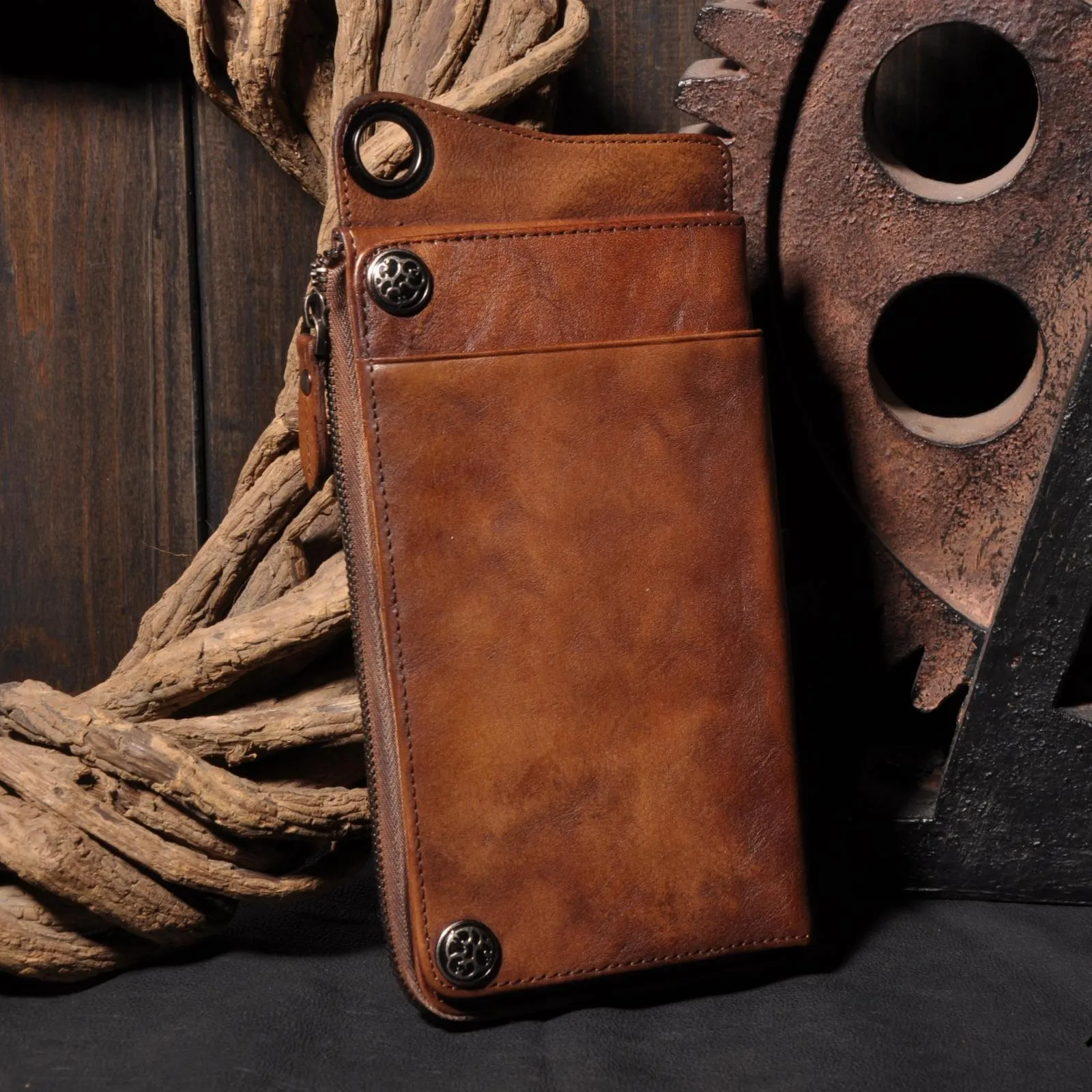 Dark Brown Leather Biker Wallet Leather Chain Wallet Men Long Biker Chain Wallet