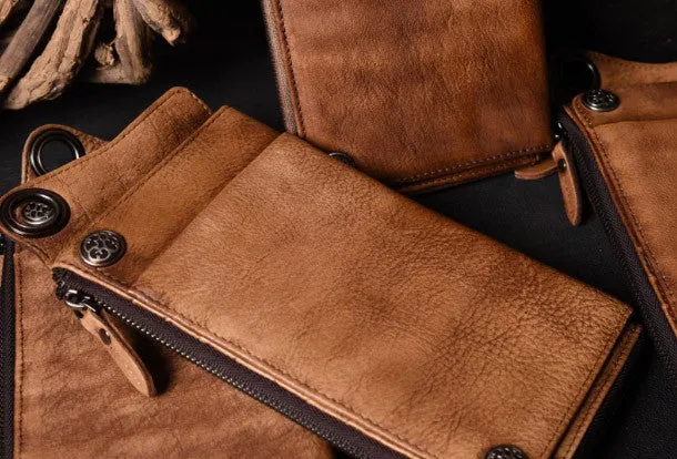 Dark Brown Leather Biker Wallet Leather Chain Wallet Men Long Biker Chain Wallet