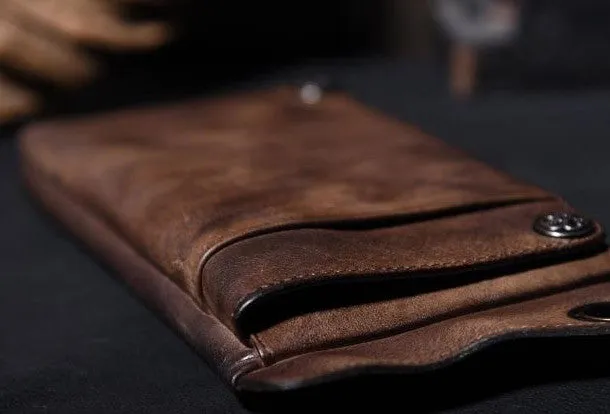 Dark Brown Leather Biker Wallet Leather Chain Wallet Men Long Biker Chain Wallet
