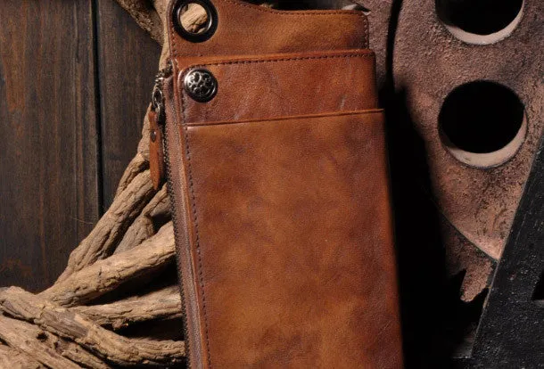 Dark Brown Leather Biker Wallet Leather Chain Wallet Men Long Biker Chain Wallet