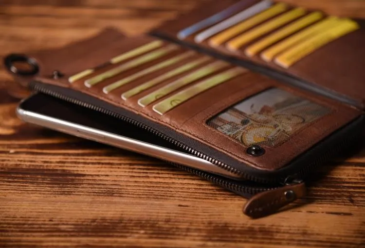 Dark Brown Leather Biker Wallet Leather Chain Wallet Men Long Biker Chain Wallet