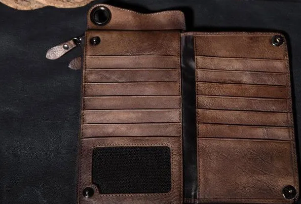 Dark Brown Leather Biker Wallet Leather Chain Wallet Men Long Biker Chain Wallet