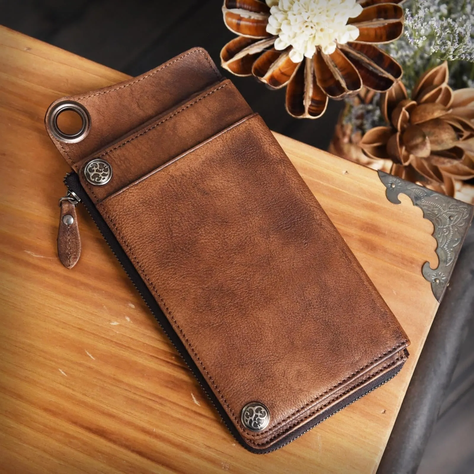 Dark Brown Leather Biker Wallet Leather Chain Wallet Men Long Biker Chain Wallet