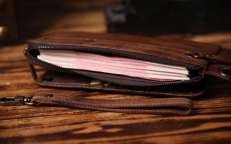 Dark Brown Leather Biker Wallet Leather Chain Wallet Men Long Biker Chain Wallet