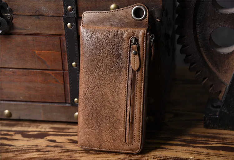 Dark Brown Leather Biker Wallet Leather Chain Wallet Men Long Biker Chain Wallet