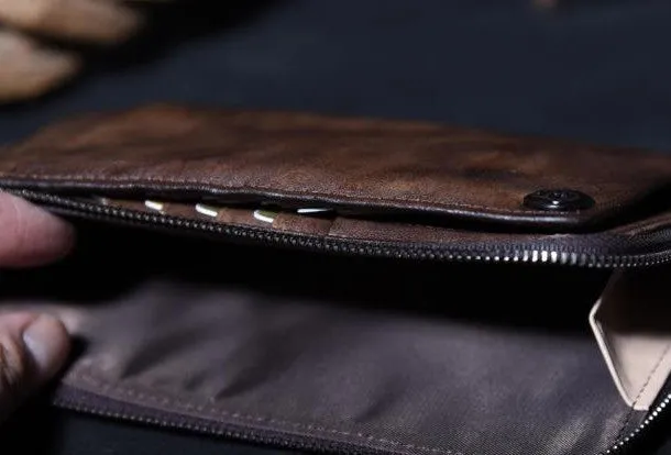 Dark Brown Leather Biker Wallet Leather Chain Wallet Men Long Biker Chain Wallet