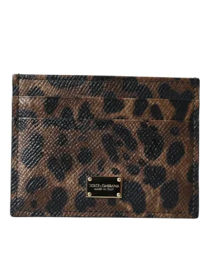 Dolce & Gabbana Brown Leather Leopard Logo Plaque Women Cardholder Wallet