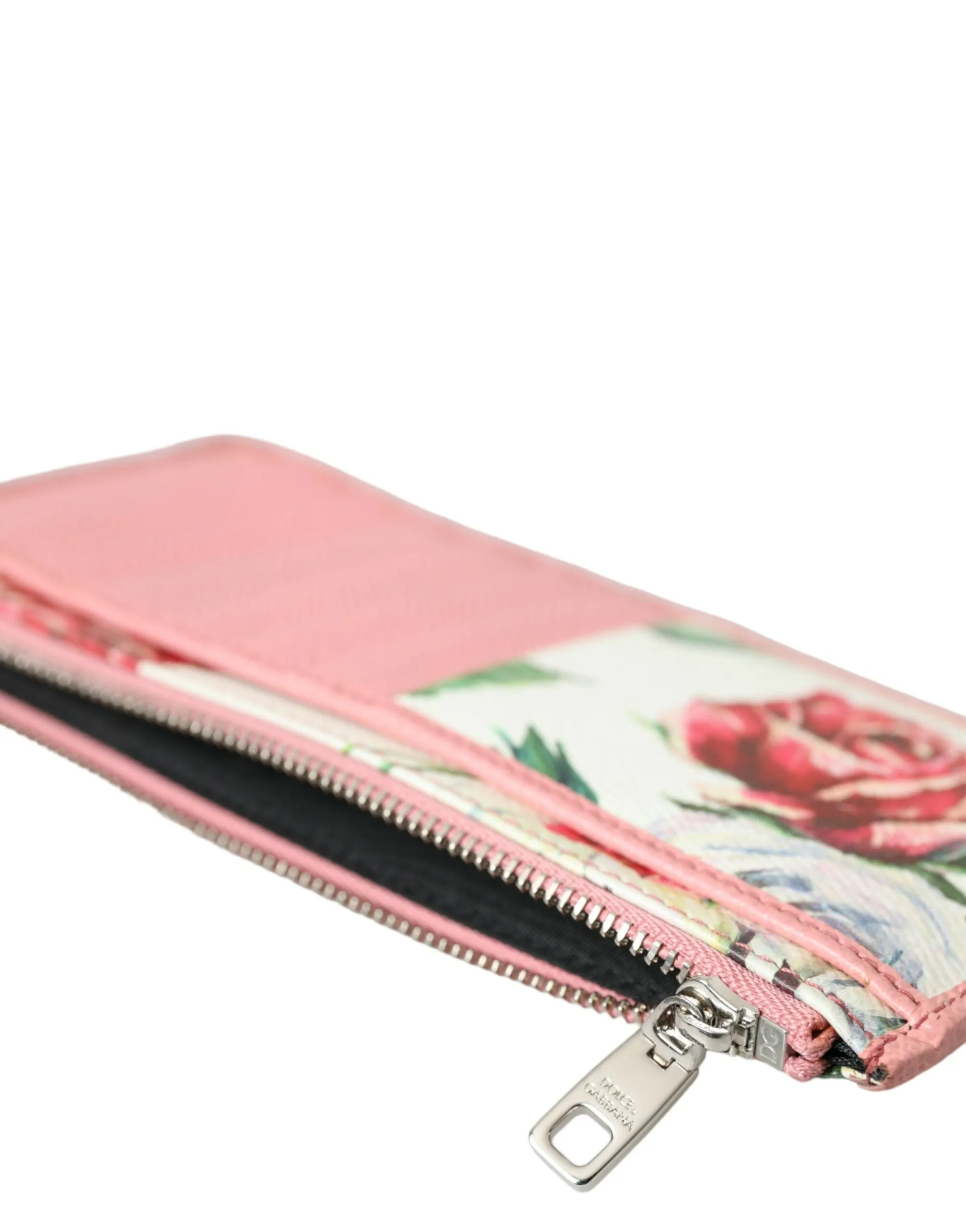 Dolce & Gabbana Pink Floral Leather DG Logo Zip Card Holder Women Wallet