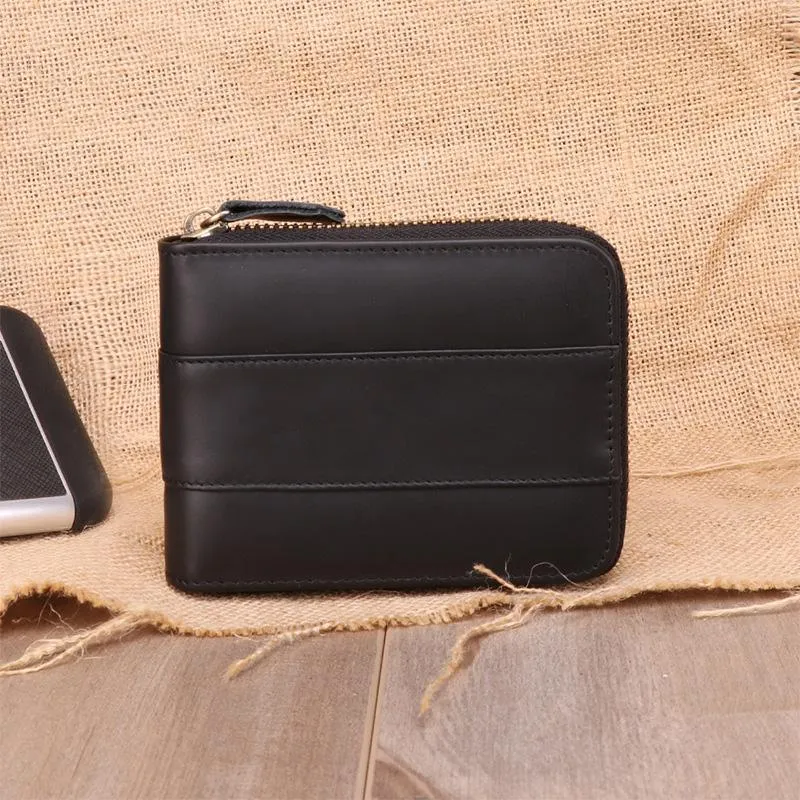 Fashion RFID Black Leather Men's Zipper Small Wallet Brown Zipper billfold Wallet For Men