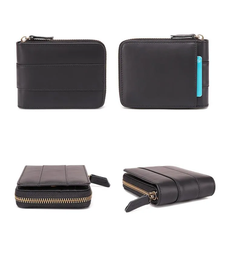 Fashion RFID Black Leather Men's Zipper Small Wallet Brown Zipper billfold Wallet For Men