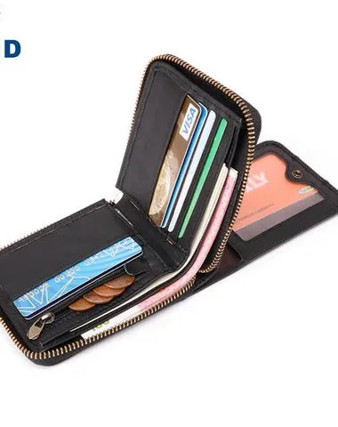 Fashion RFID Black Leather Men's Zipper Small Wallet Brown Zipper billfold Wallet For Men