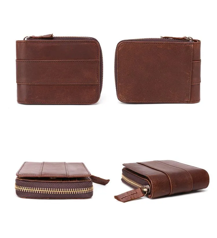 Fashion RFID Black Leather Men's Zipper Small Wallet Brown Zipper billfold Wallet For Men
