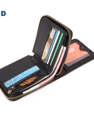 Fashion RFID Black Leather Men's Zipper Small Wallet Brown Zipper billfold Wallet For Men