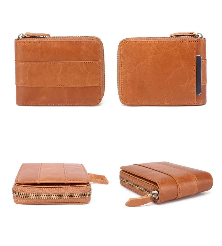 Fashion RFID Black Leather Men's Zipper Small Wallet Brown Zipper billfold Wallet For Men