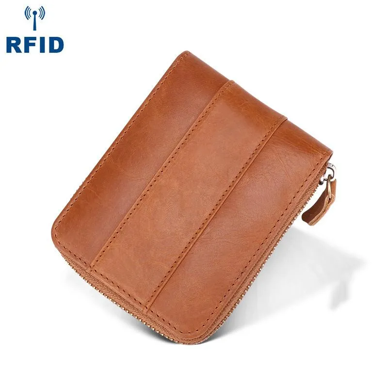 Fashion RFID Black Leather Men's Zipper Small Wallet Brown Zipper billfold Wallet For Men