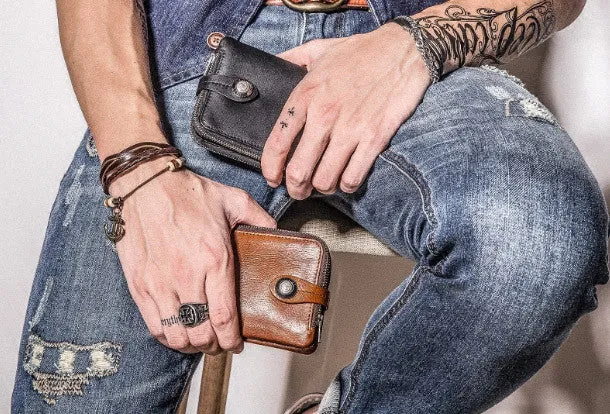 Genuine leather billfold wallet men zip multi cards vintage wallet for men