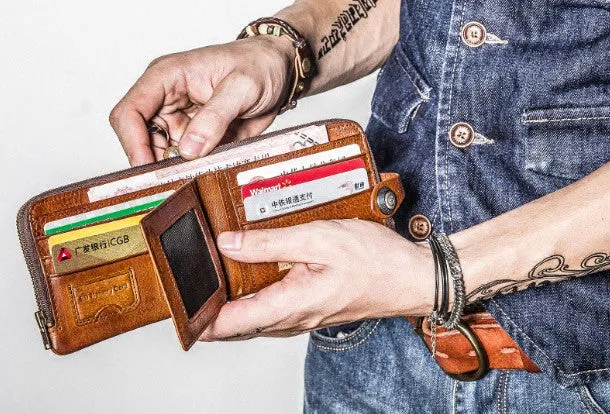Genuine leather billfold wallet men zip multi cards vintage wallet for men