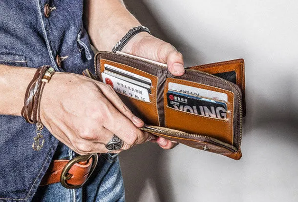 Genuine leather billfold wallet men zip multi cards vintage wallet for men