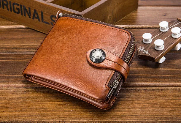 Genuine leather billfold wallet men zip multi cards vintage wallet for men