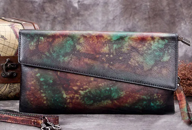 Genuine Leather Clutch Vintage Wristlet Wallet Crossbody Bag Shoulder Bag Handbag Purse For Women