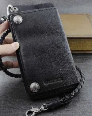 Genuine Leather Mens Cool Biker Chain Wallet Long Leather Wallet Slim Clutch Wristlet Wallet for Men