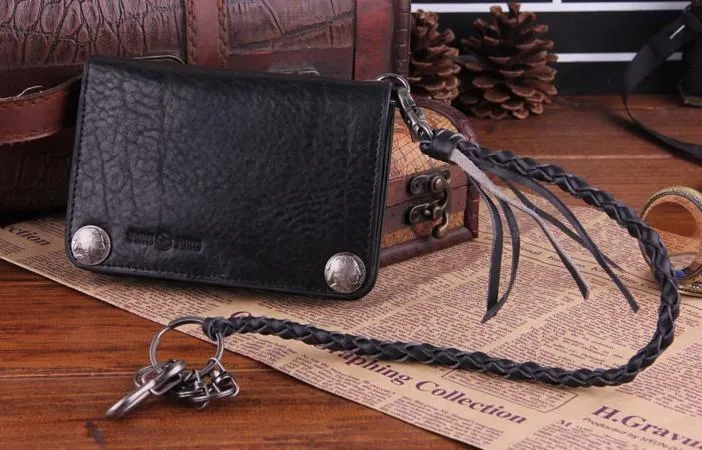Genuine Leather Mens Cool Biker Chain Wallet Long Leather Wallet Slim Clutch Wristlet Wallet for Men