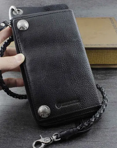 Genuine Leather Mens Cool Biker Chain Wallet Long Leather Wallet Slim Clutch Wristlet Wallet for Men