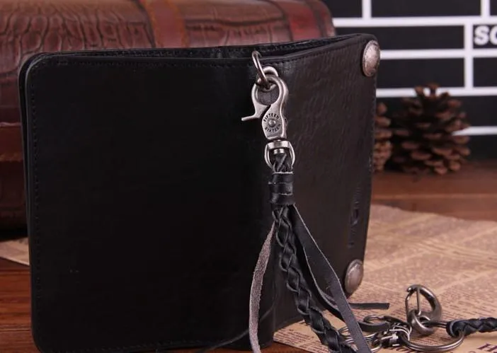 Genuine Leather Mens Cool Biker Chain Wallet Long Leather Wallet Slim Clutch Wristlet Wallet for Men