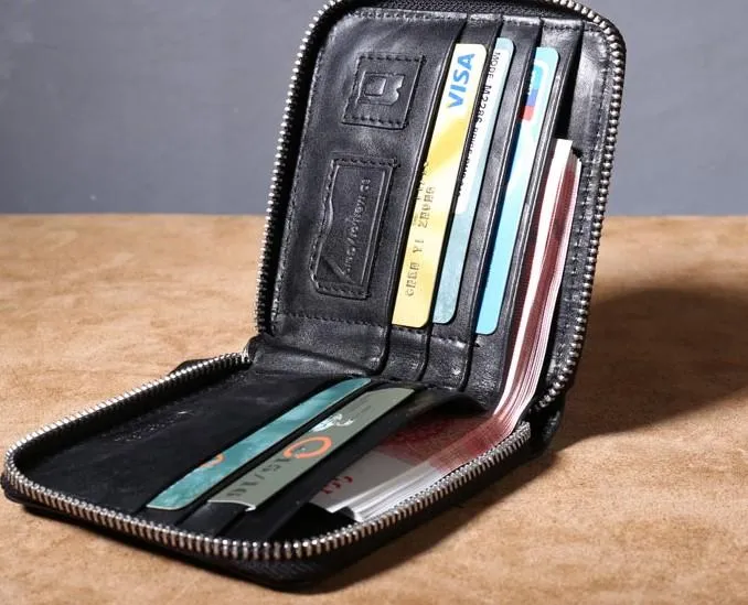 Genuine Leather Mens Cool billfold Leather Wallet Men Zipper Wallet Bifold for Men