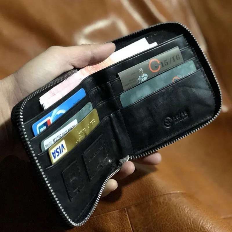 Genuine Leather Mens Cool billfold Leather Wallet Men Zipper Wallet Bifold for Men