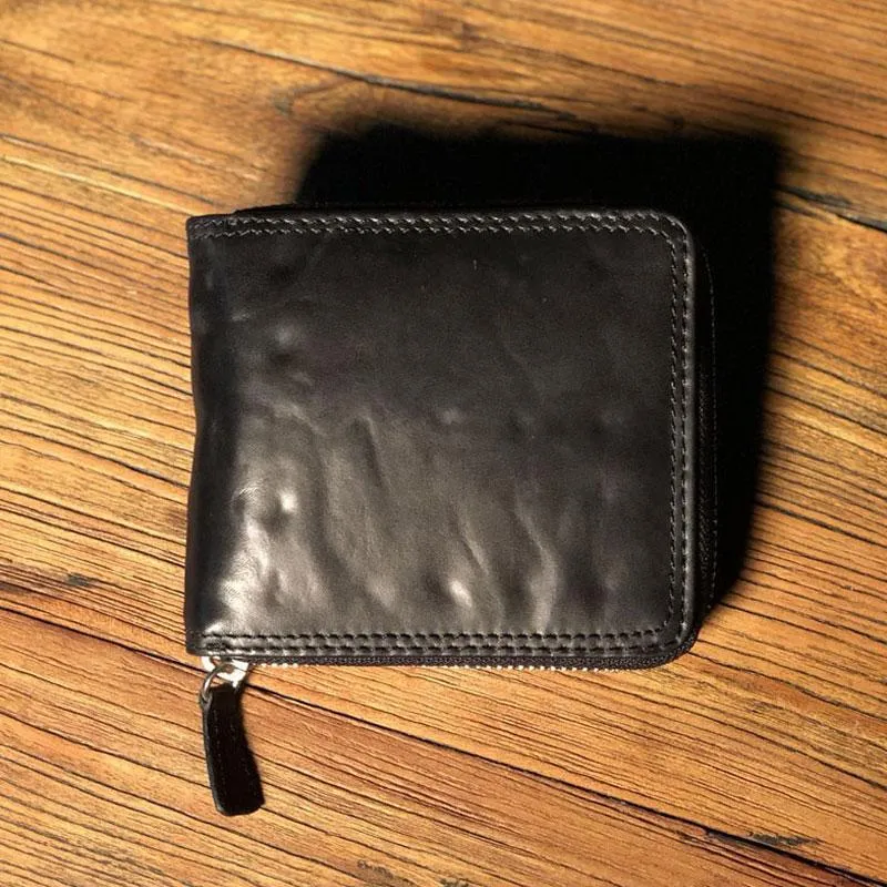 Genuine Leather Mens Cool billfold Leather Wallet Men Zipper Wallet Bifold for Men