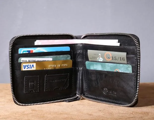 Genuine Leather Mens Cool billfold Leather Wallet Men Zipper Wallet Bifold for Men