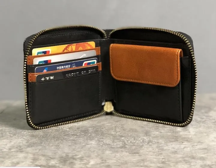 Genuine Leather Mens Cool Slim Zipper billfold wallet  Men Bifold Small Wallets for Men