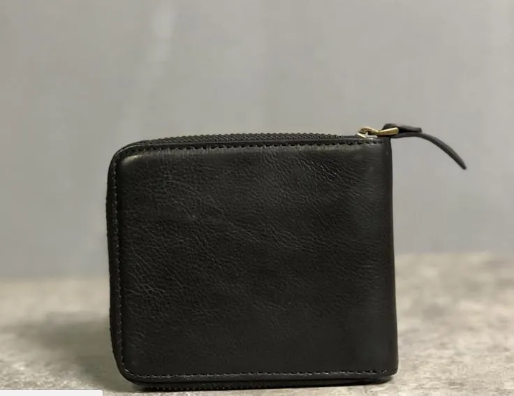 Genuine Leather Mens Cool Slim Zipper billfold wallet  Men Bifold Small Wallets for Men