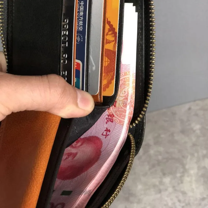 Genuine Leather Mens Cool Slim Zipper billfold wallet  Men Bifold Small Wallets for Men