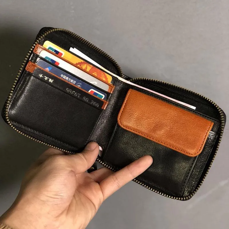 Genuine Leather Mens Cool Slim Zipper billfold wallet  Men Bifold Small Wallets for Men