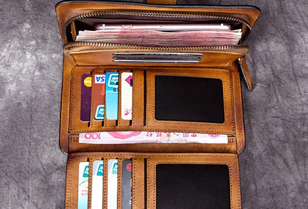 Genuine Leather Wallet Folded Long Wallet Vintage Wallet Purse Clutch For Women