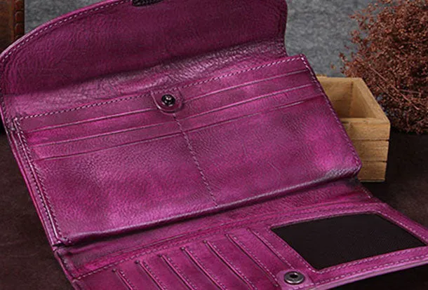 Genuine Leather Wallet Vintage Folded Long Wallet Purse Clutch For Women