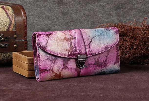 Genuine Leather Wallet Vintage Folded Long Wallet Purse Clutch For Women