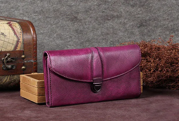 Genuine Leather Wallet Vintage Folded Long Wallet Purse Clutch For Women