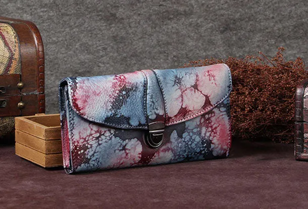 Genuine Leather Wallet Vintage Folded Long Wallet Purse Clutch For Women