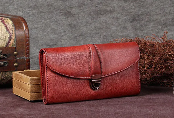 Genuine Leather Wallet Vintage Folded Long Wallet Purse Clutch For Women