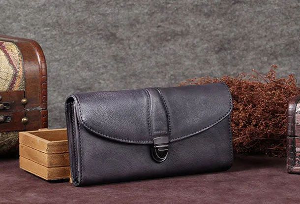 Genuine Leather Wallet Vintage Folded Long Wallet Purse Clutch For Women