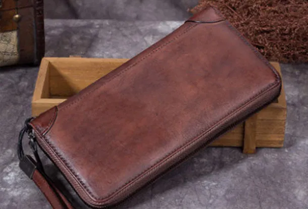 Genuine Leather Wallet Zip Long Wallet billfold Wallet Purse For Men Women