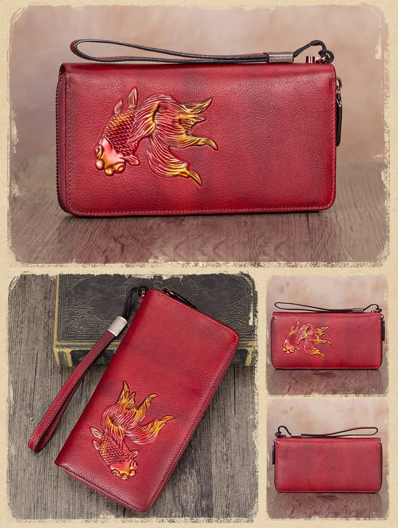 Goldfish Coffee Leather Wristlet Wallets Womens Zip Around Wallet Ladies Zipper Clutch Wallets for Women