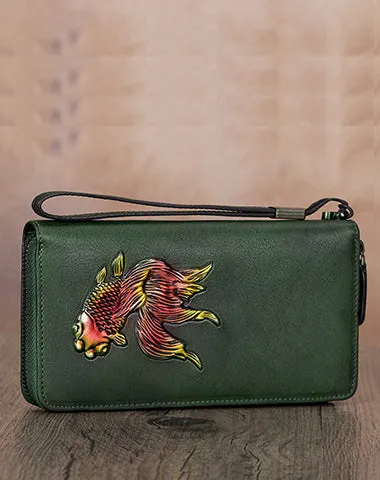 Goldfish Coffee Leather Wristlet Wallets Womens Zip Around Wallet Ladies Zipper Clutch Wallets for Women