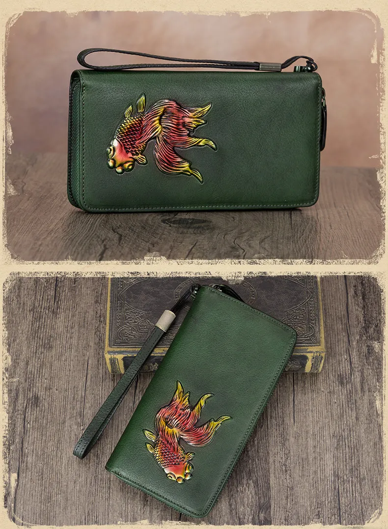 Goldfish Coffee Leather Wristlet Wallets Womens Zip Around Wallet Ladies Zipper Clutch Wallets for Women